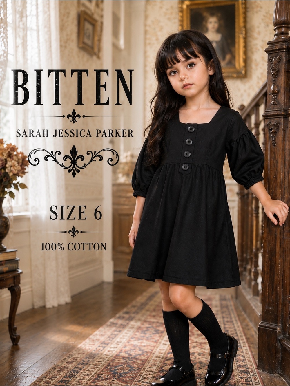 Bitten Sarah Jessica Parker Girls Black Cotton Midi Dress Size 6 XS